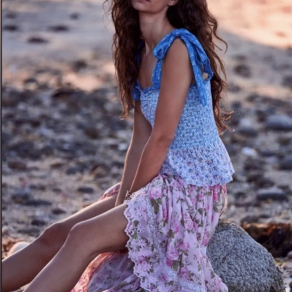 LoveShackFancy Bucky Shirred Tank Top Floral Bow Blue Tie Shoulder Ruffle M